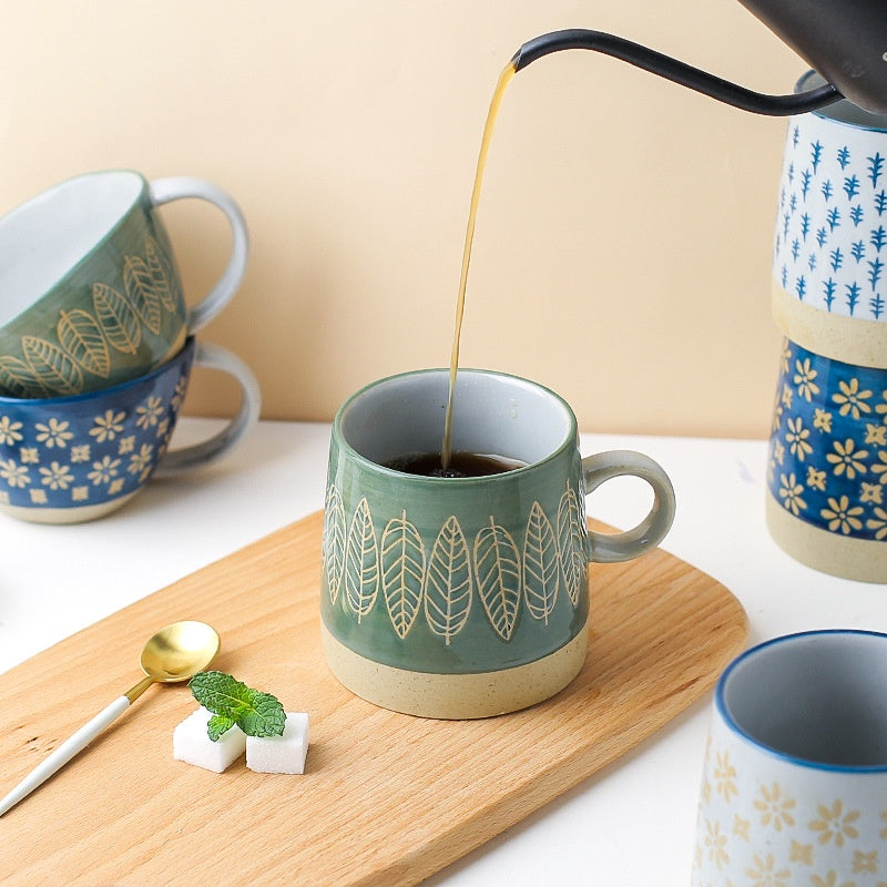 Retro Coffee Cup Ceramic Cup Japanese Garden Tea Cup Water Cup Embossed Stoneware Mug Couple Cup