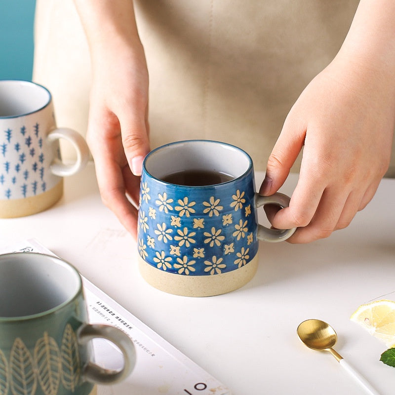 Retro Coffee Cup Ceramic Cup Japanese Garden Tea Cup Water Cup Embossed Stoneware Mug Couple Cup