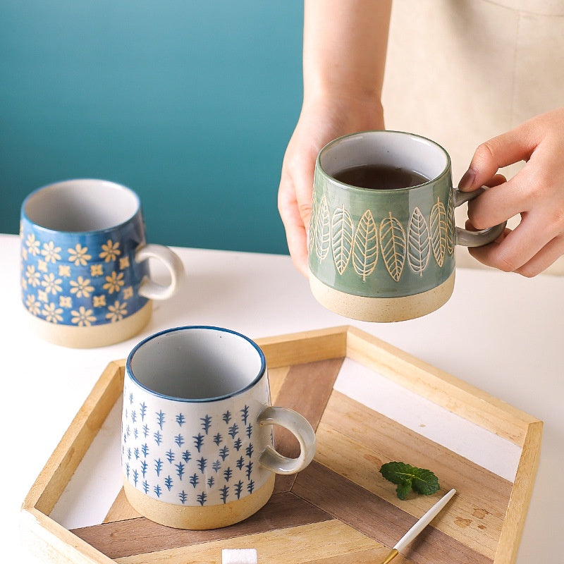 Retro Coffee Cup Ceramic Cup Japanese Garden Tea Cup Water Cup Embossed Stoneware Mug Couple Cup